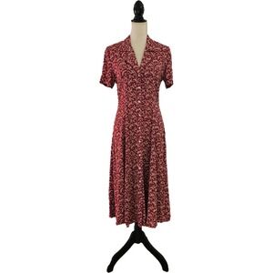Vintage 90s Burgundy Floral Button Front Midi Shirt Dress Size 10 Cottagecore